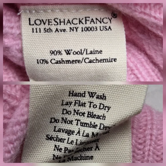 NWT LoveShackFancy Leota Wool Cashmere‎ Cardigan Pink Cable Knit Bow Sweater XL